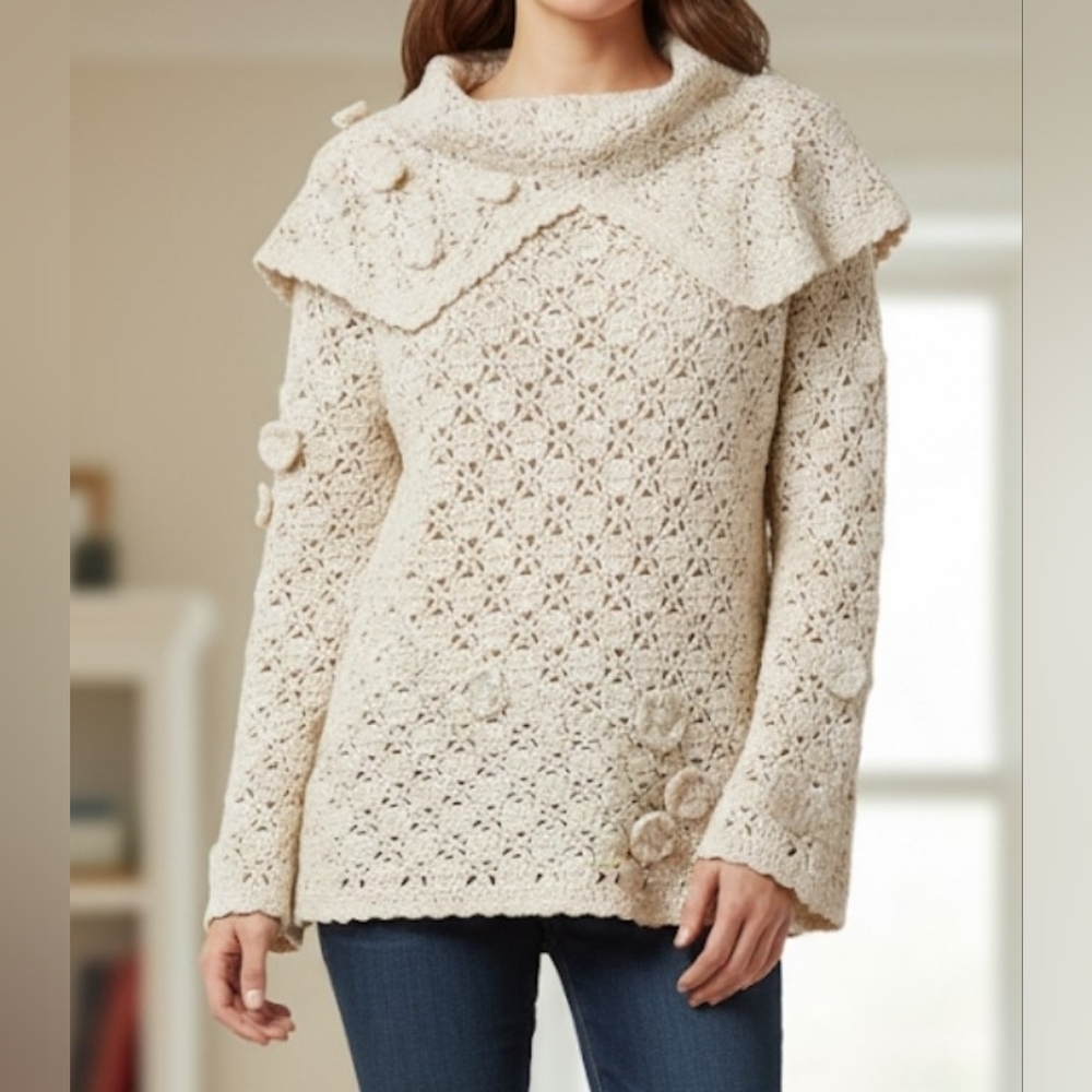Forenza Vintage Cream Crochet Sweater With Floral Appliques Size S